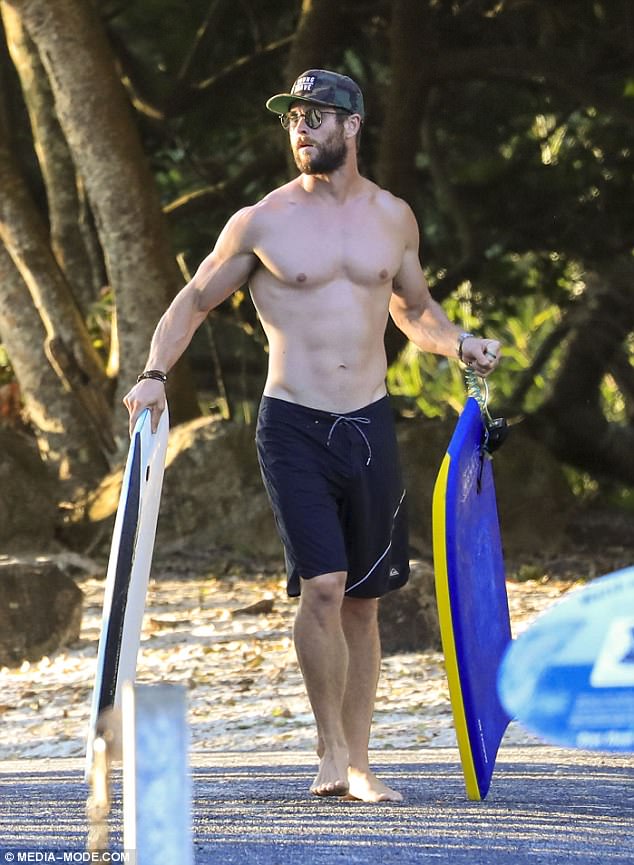 Chris Hemsworth Showcases His Muscular Build At The Beach Daily Mail