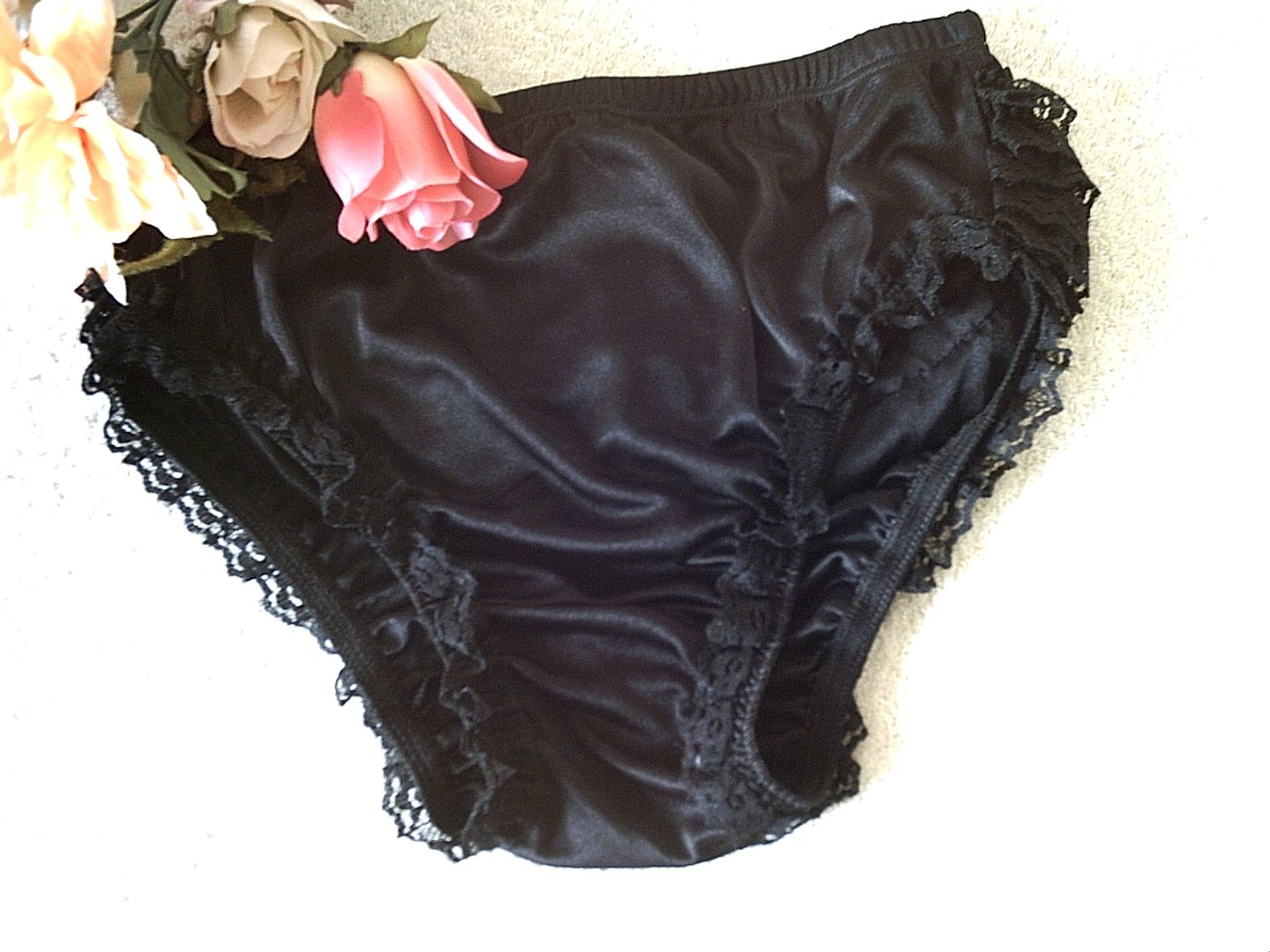 Sissy French Maid Lolita Black Nylon Satin Ruffle Lace Panties Frilly