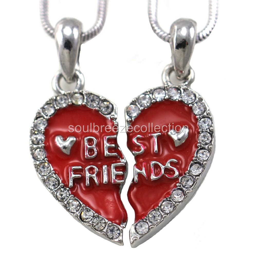 Best Friends Forever Bff Love Heart Two Pendant Necklace Clear Stone