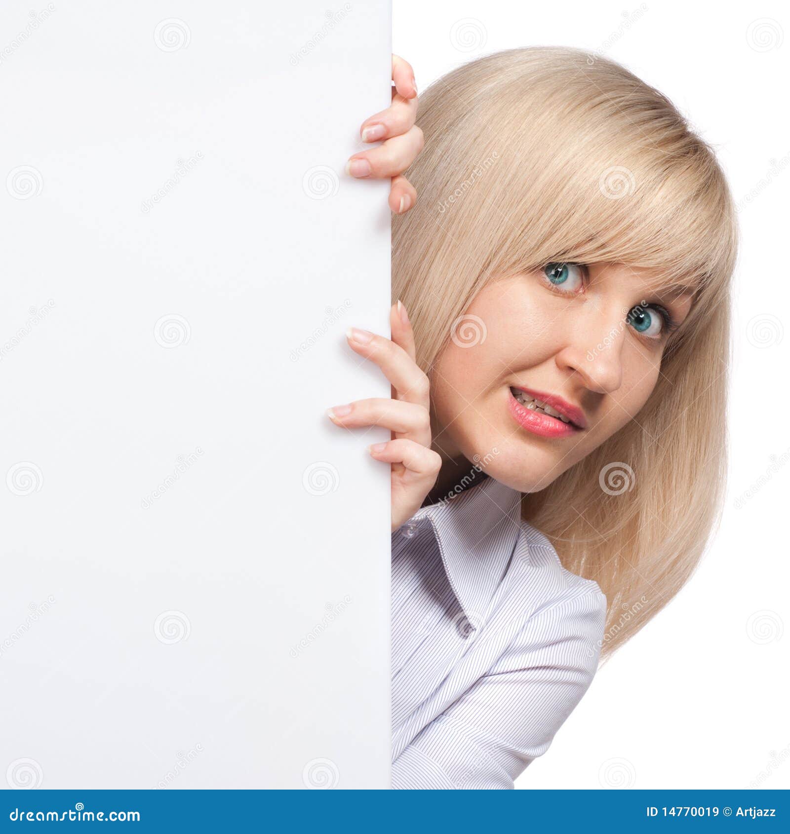 Embarrassed Young Woman Holding White Empty Paper Stock Image Image