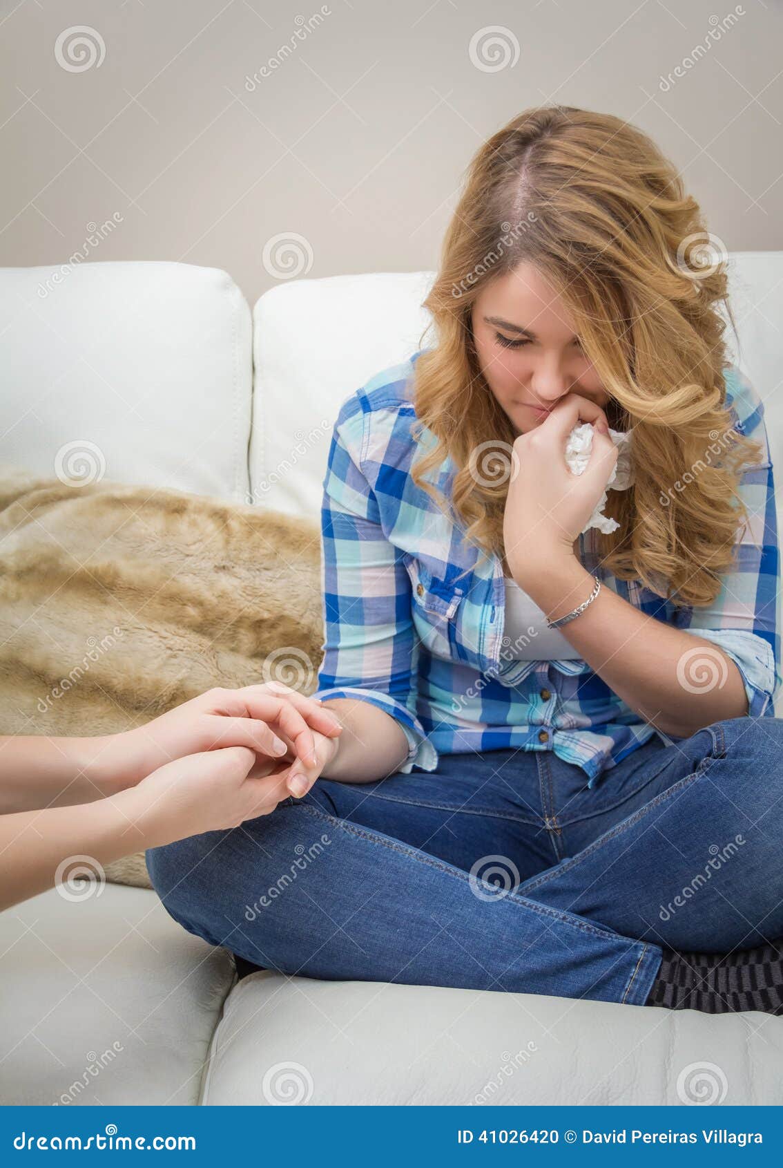 Hands Of Mother Consoling Sad Teen Daughter Crying Stock