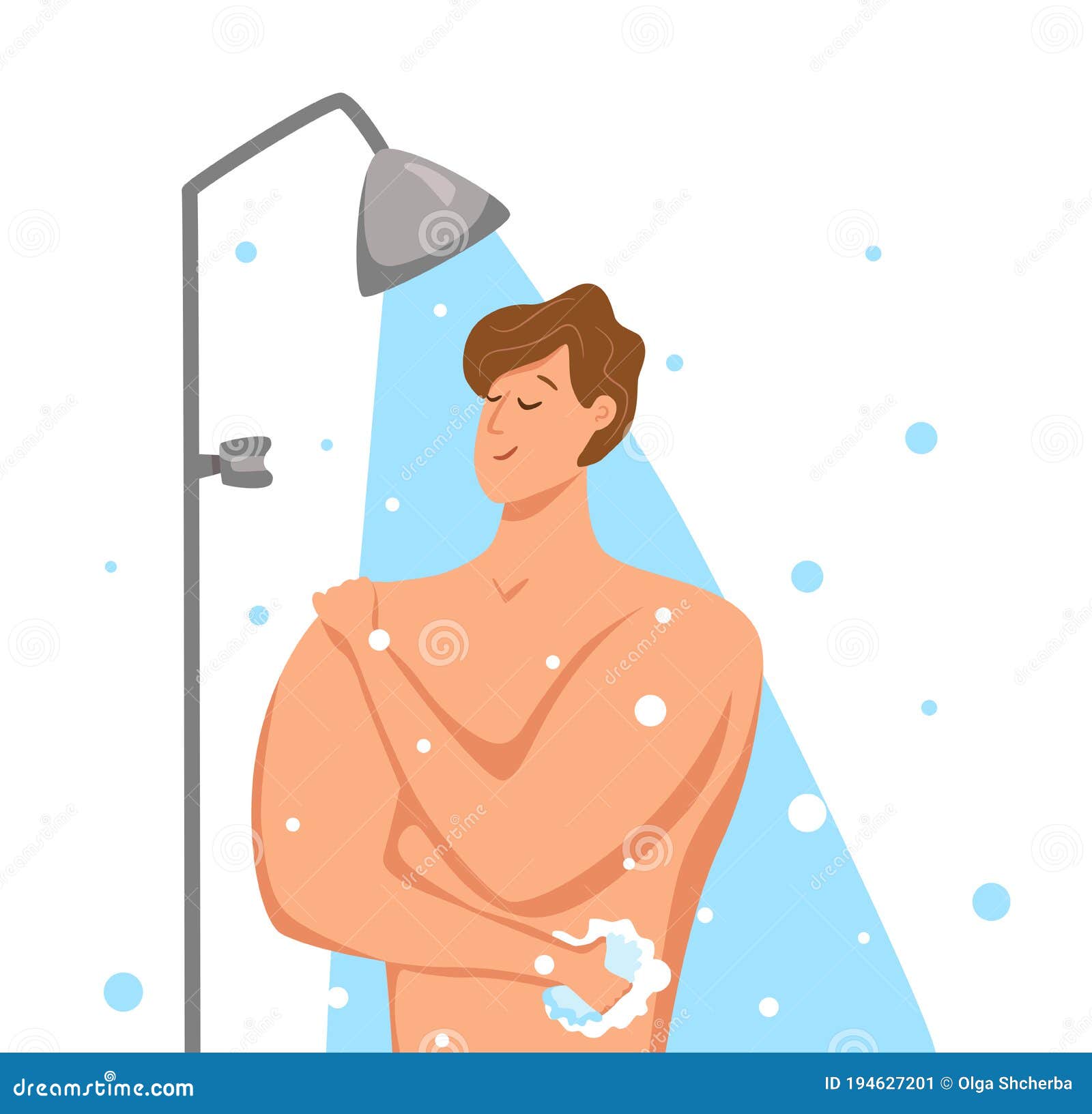 Man Taking Shower In Bathroom Vector Illustration Of Happy Guy Washing