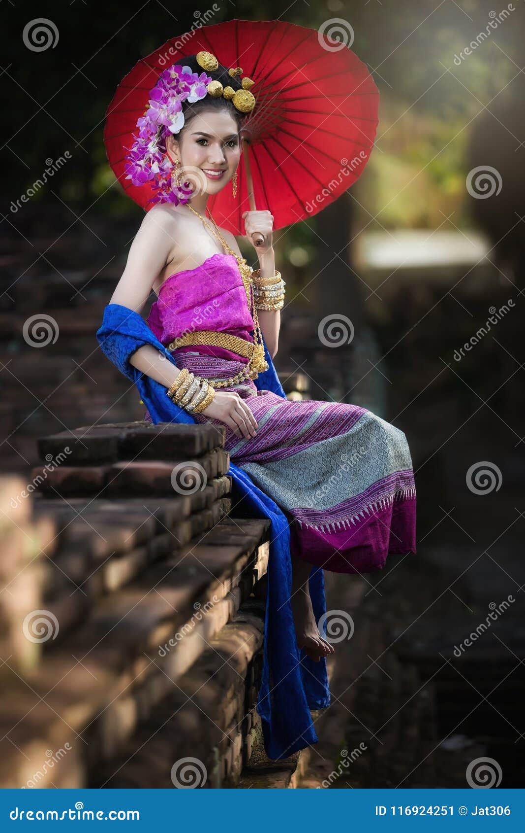 Portrait Of Beautiful Rural Thai Woman Wear Thai Dress In Chiang Mai
