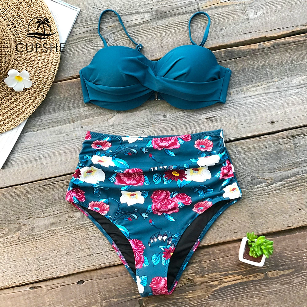 Cupshe Blue Floral High Waist Bikini Sets Women Sexy Moulded Cup Push