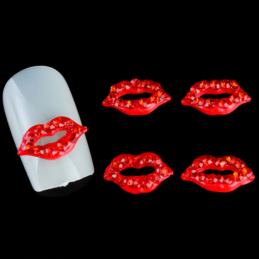 10 Pcslot Red Rhinestones Sex Lips 3d Metal Nail Art Studs Supplies