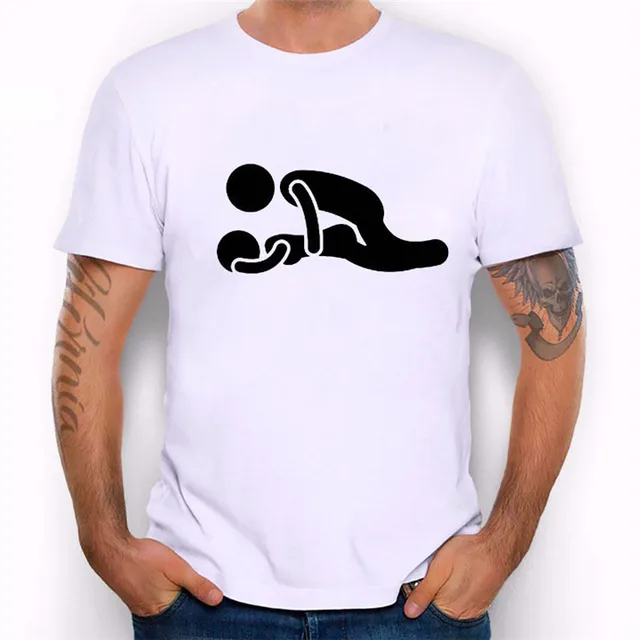 New Men Sexy Design T Shirt Fashion White Print Short Sleeve O Neck Sex
