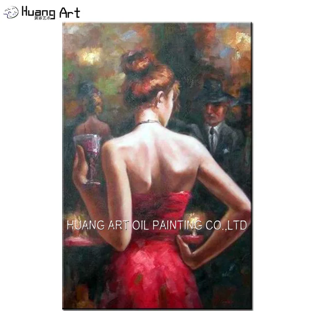 Sexy Red Dress Women Drinking In The Bar Painting Art Hand Painted High