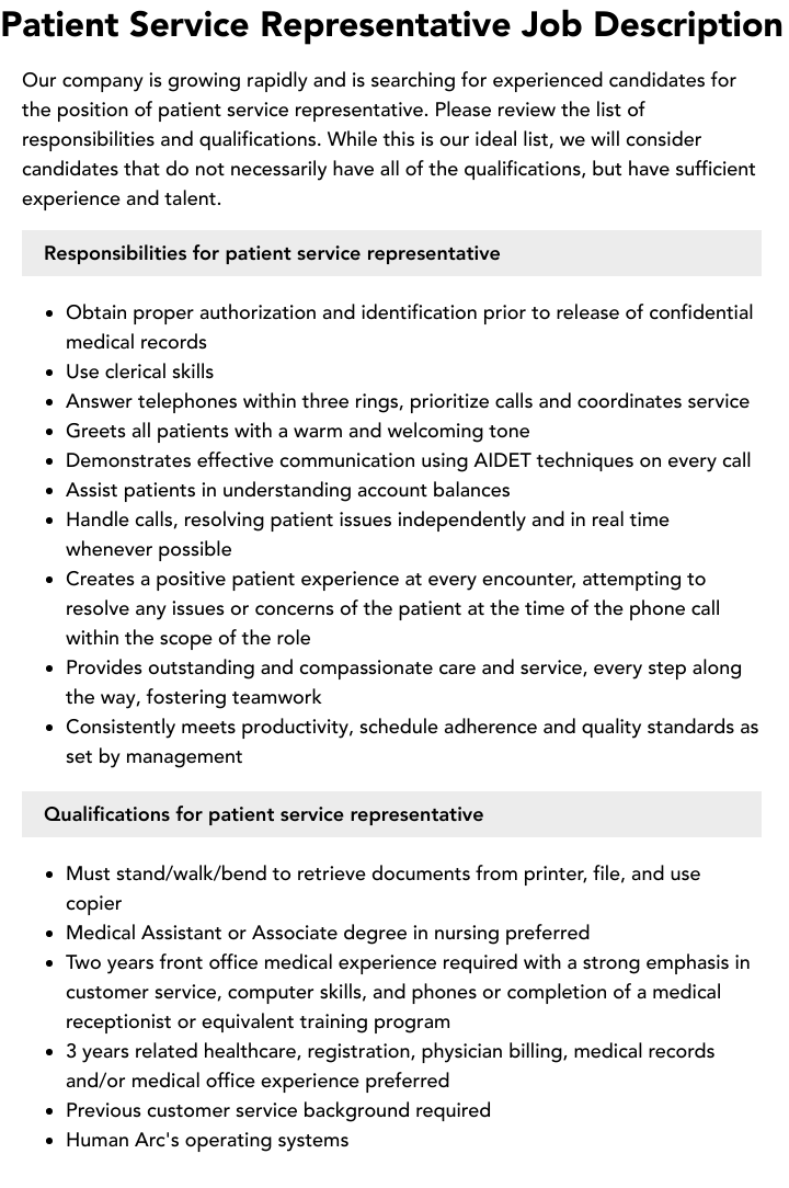 Patient Service Representative Job Description Velvet Jobs