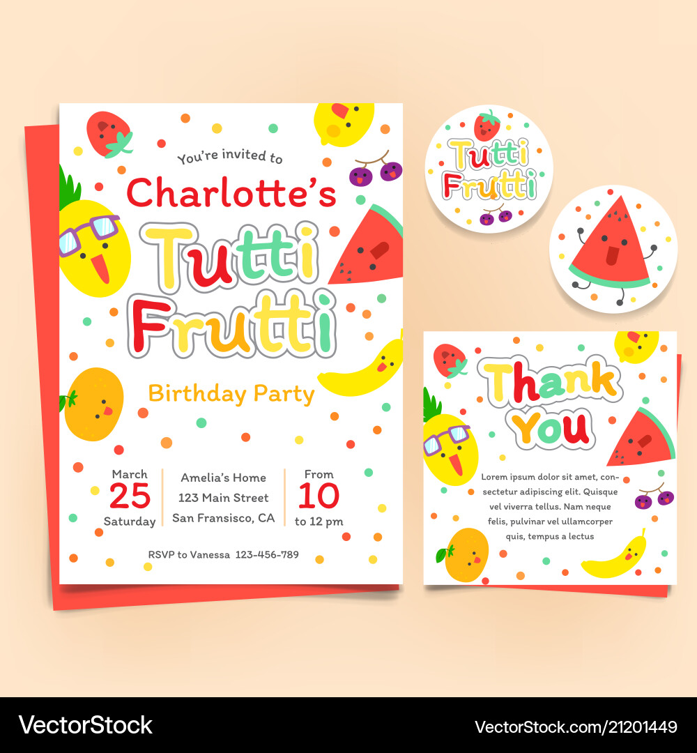 Fruits Theme Birthday Invitation Set Tutti Frutti Vector Image