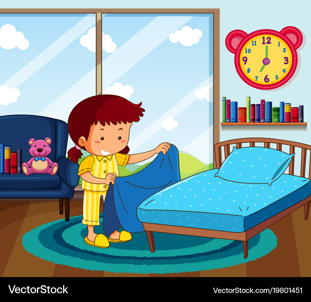 Girl In Yellow Pajamas Making Bed In Bedroom Vector Image
