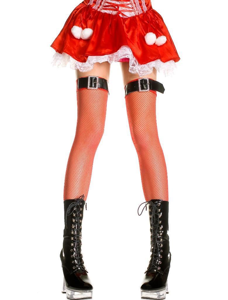 Red Christmas Fishnet Thigh Highs With Buckles Santa Hosiery Womens