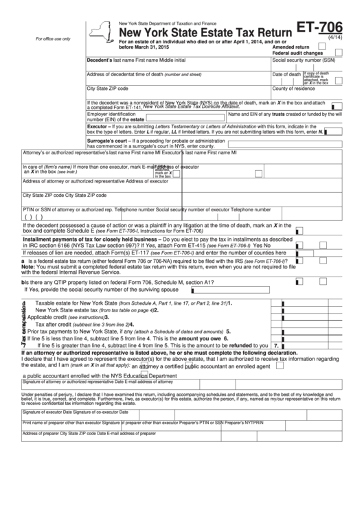 Form Et 706 New York State Estate Tax Return Printable Pdf Download