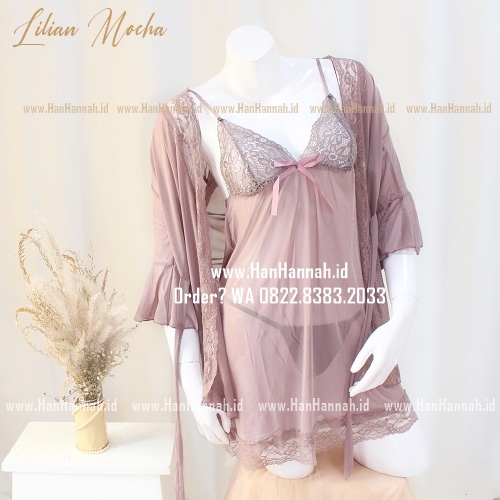 Baju Tidur Cantik Lilian Lingerie Kimono Set Transparan Warna Coklat