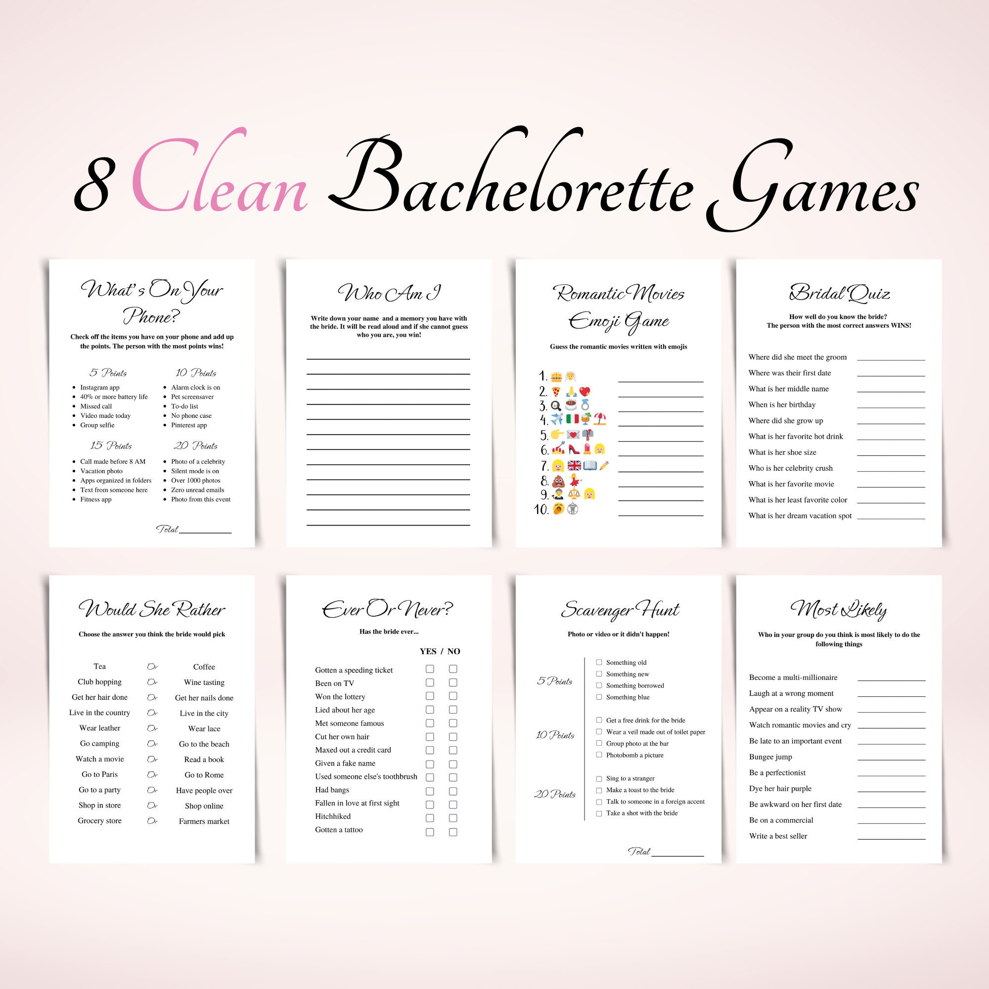 8 Clean Bachelorette Party Games Printable Bachelorette Game Etsy