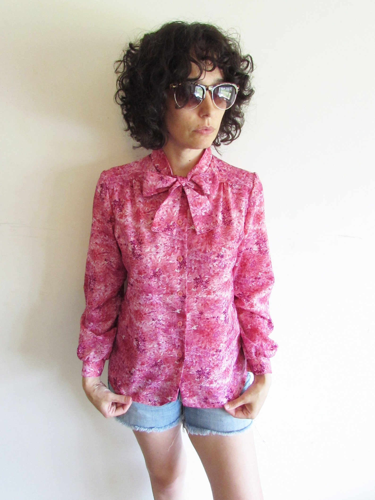 Vintage Pink Floral Blouse 1970s 1980s Pretty Pussy Bow Flower Etsy