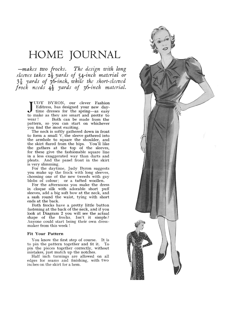 1930s Pretty Pussy Bow Tea Dress Pdf Sewing Pattern Etsy