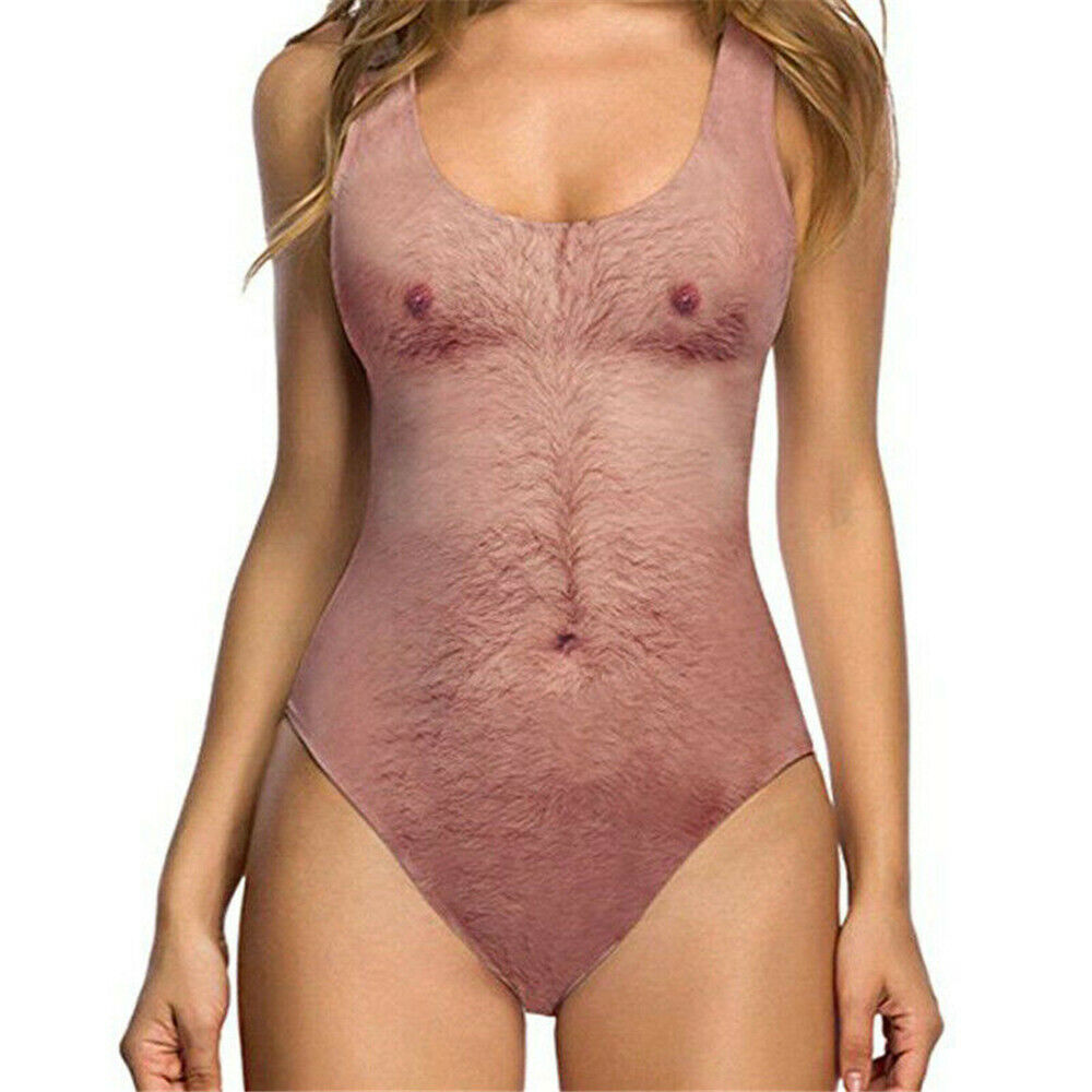 Funny Swimsuit Nake Print One Piece Hairy Man Sexy Woman Swimwear