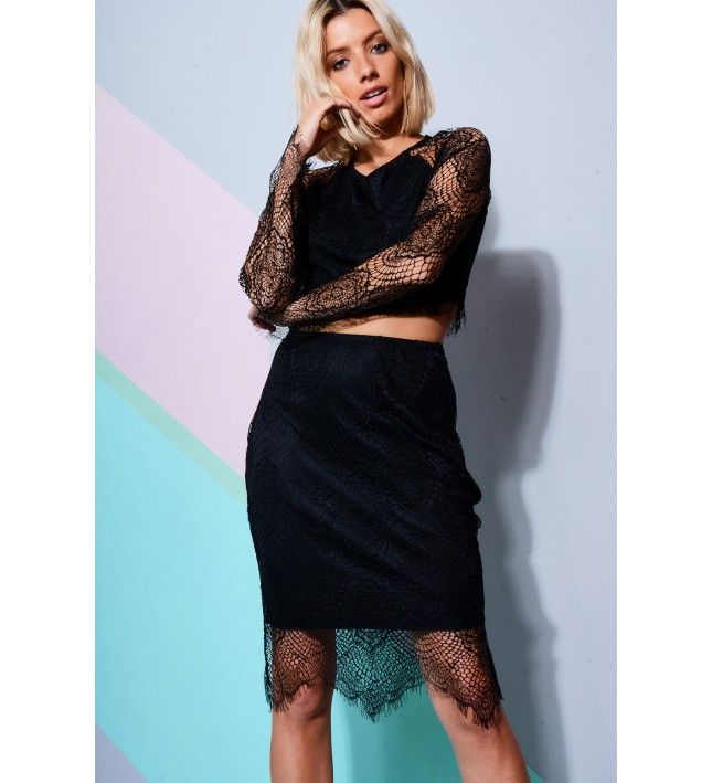 Lms Black Lace Skirt With Long Sleeve Crop Top Co Ord Set Black Lace