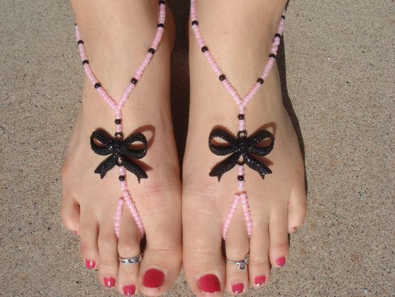Pink And Black Bow Barefoot Sandals Slave Anklet Foot