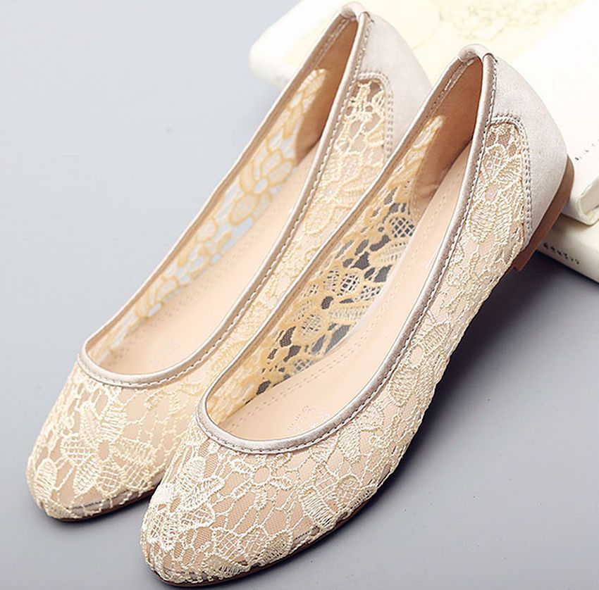 Ivory Pink Black Silk Satin Wedding Flat Ballet Fine Lace Bride Shoes