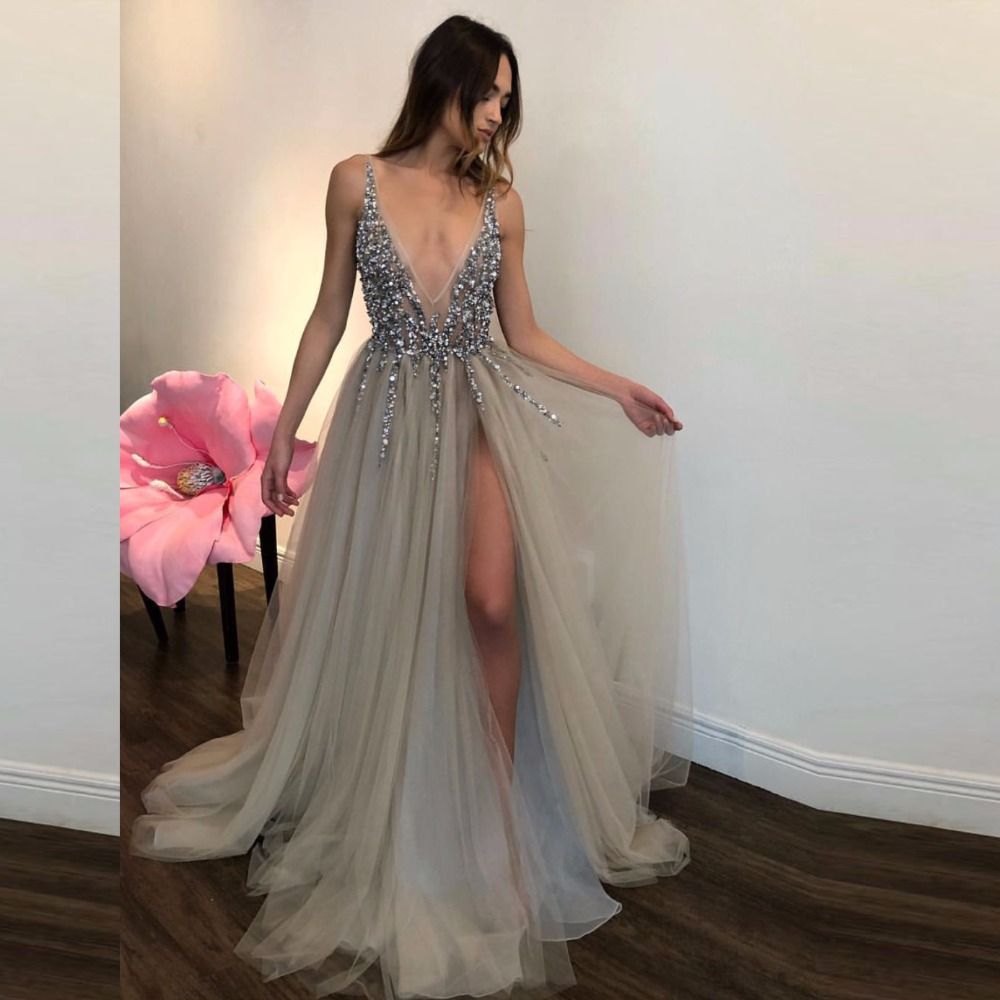 Sexy 2018 Prom Dresses Deep V Neck Beads Sequins Side