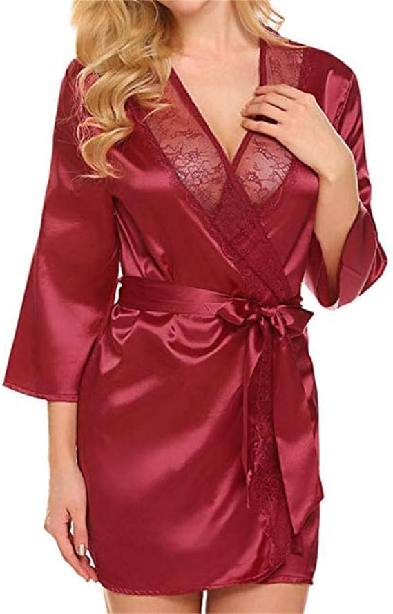 Sexy Lingerie Satin Silk Robe Bathrobe Lace Nightgown Sleepwear Thong