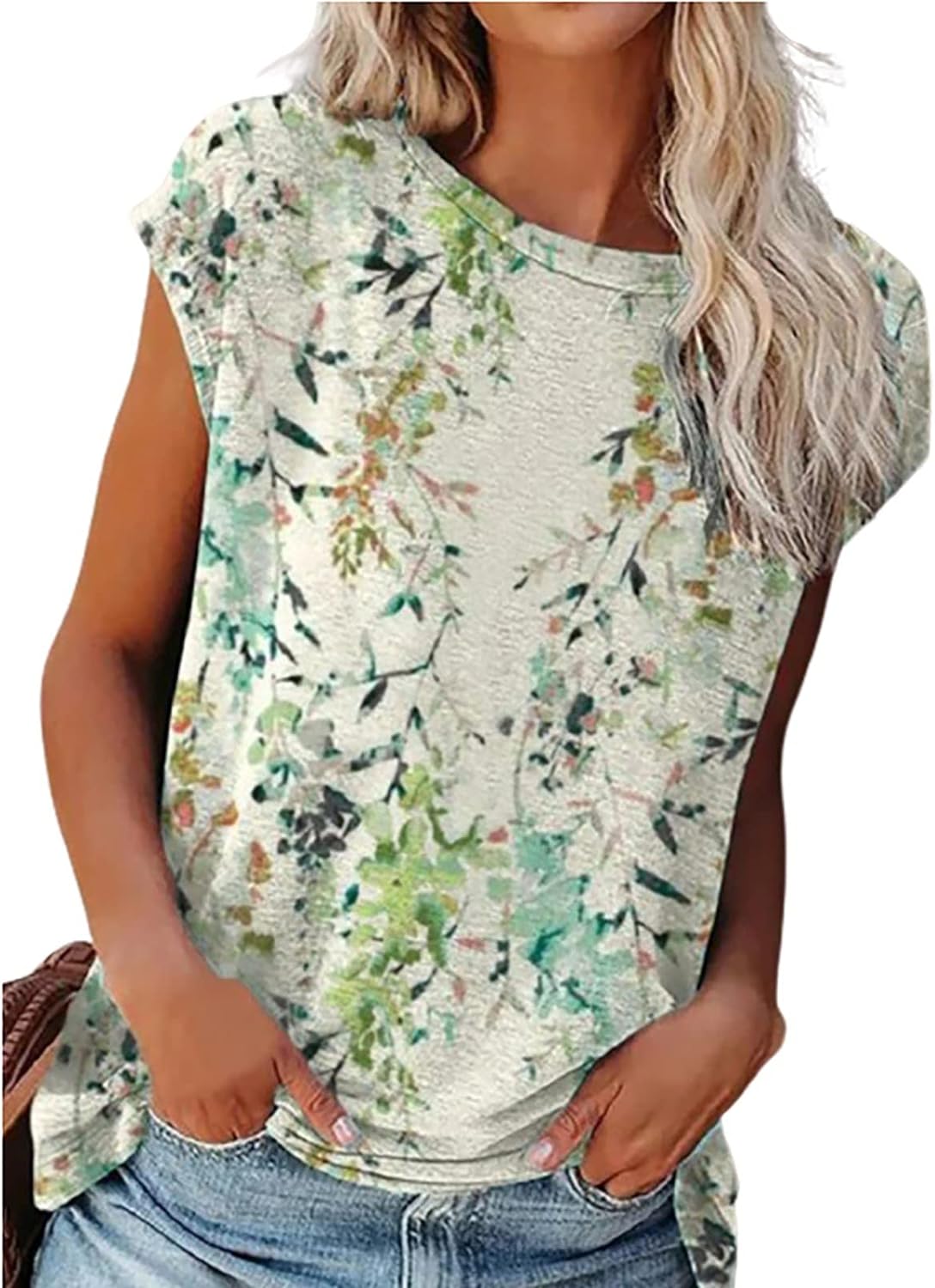 Women Cap Sleeve Tshirts Fashion Floral Printed Round Neck Blouse