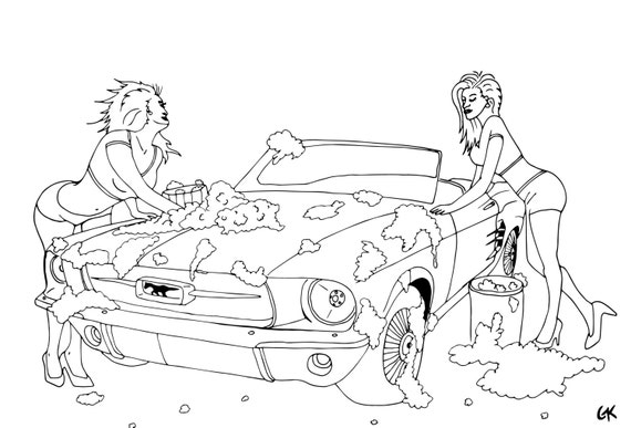 Coloring Page Instant Download Sexy Girls Washing Ford Mustang