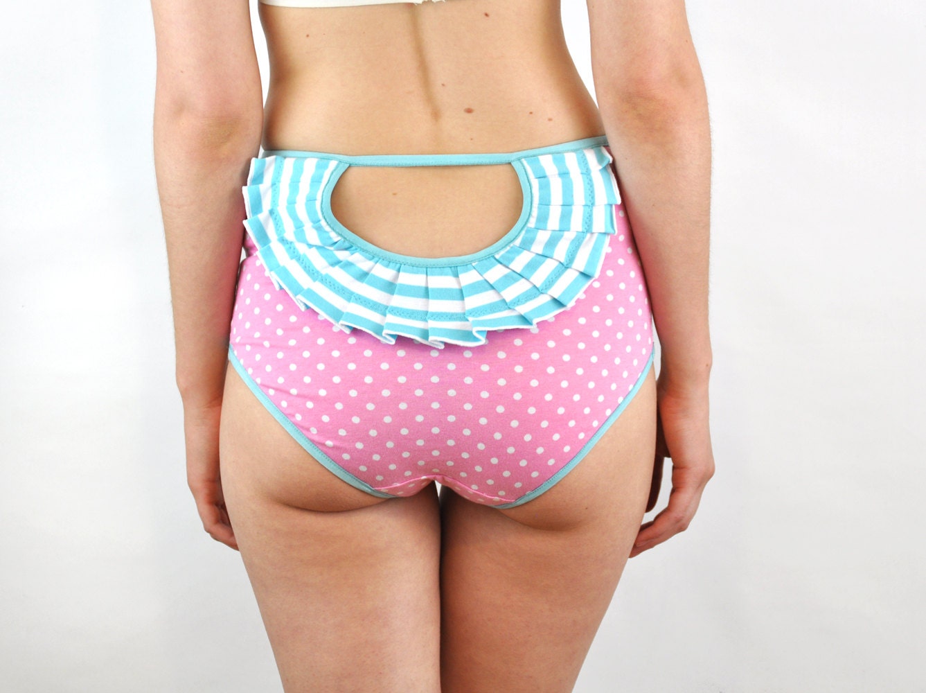 Panties With Pink Polka Dot And Blue Stripey Rosette Open Back