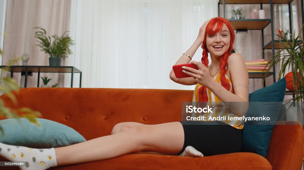 Worried Funny Redhead Girl Playing Shooter Online Video Games Celebrate