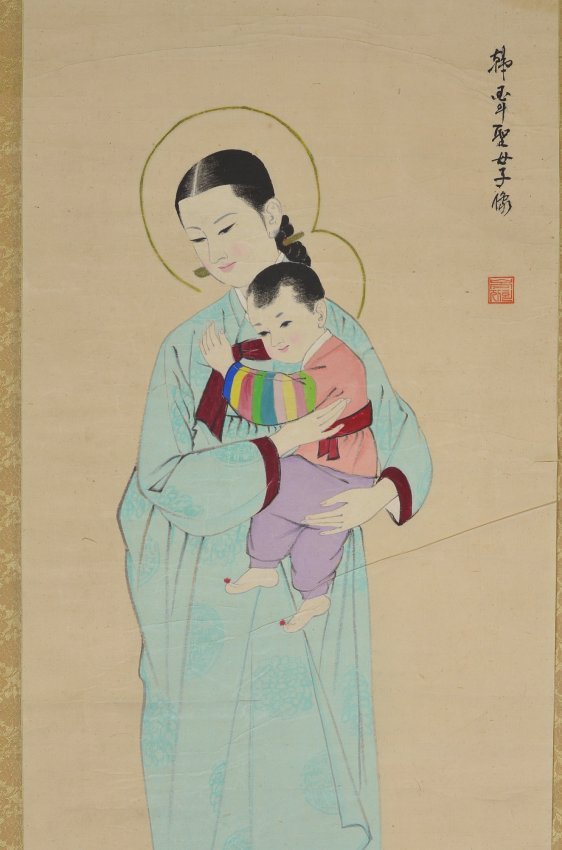 240 19th Century Korean Watercolour Scroll Virgin Mary