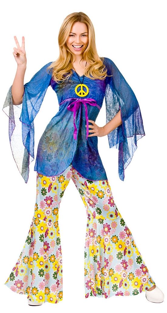Ladies Hippie 60s 70s Hippy Flower Fancy Dress Costumes Flares Adult