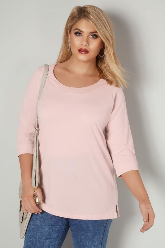 Light Pink Band Scoop Neckline T Shirt With 34 Sleeves